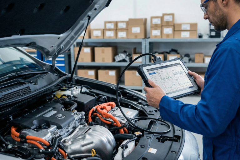 Mecánico revisando parámetros en una tablet de diagnosis conectada a un motor híbrido con cables de alta tensión naranjas, con estanterías de recambios al fondo.