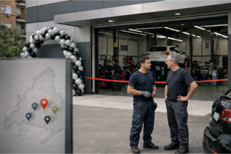 Exterior do novo centro Midas em Alcorcón, com sinalização visível e espaço de atendimento de manutenção automóvel.