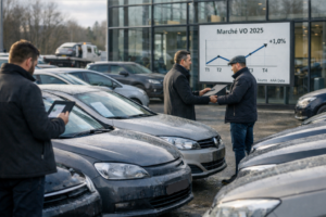 Parc de véhicules d’occasion en hiver : échange de documents entre professionnels, avec graphique “Marché VO 2025” montrant une fin d’année légèrement positive (+1,0%).