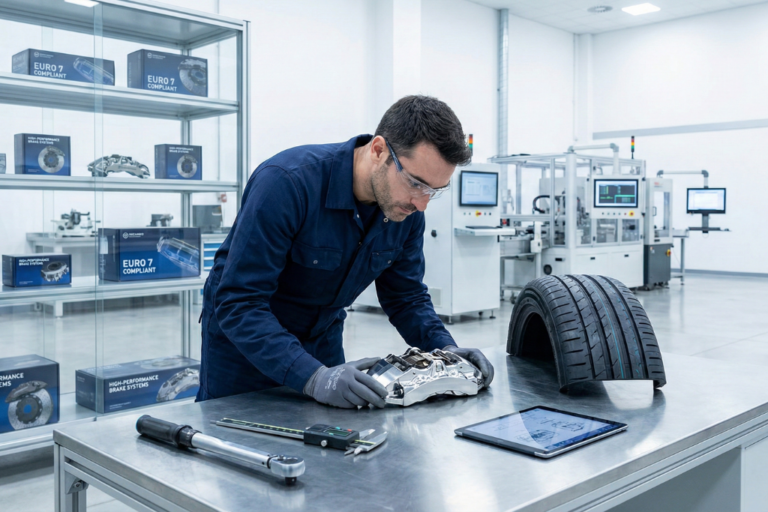 Técnico de calidad inspeccionando una pinza de freno de alto rendimiento y una sección de neumático en un laboratorio, con cajas de recambios adaptados a normativa Euro 7 al fondo.