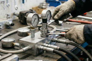 Técnico a ajustar reguladores de pressão hidráulica numa oficina, com manómetros e ferramentas de medição visíveis, garantindo o correto fluxo em sistemas de alta exigência.