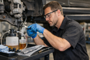 Mécanicien remplaçant un flexible de frein sur un véhicule sur pont, avec clés, bouchons de protection et appareil de purge en arrière-plan, illustrant une procédure de freinage sécurisée.