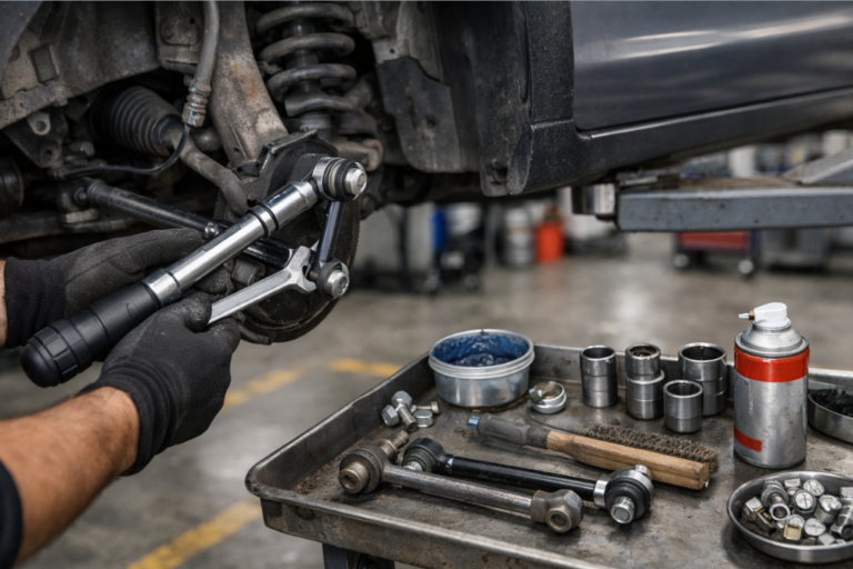 Technicien remplaçant les biellettes de barre stabilisatrice dans un atelier automobile.