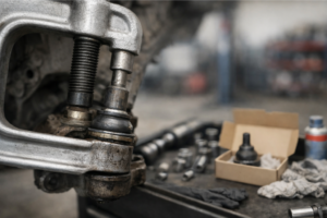 Mécanicien utilisant un extracteur de rotule sur une rotule de suspension, véhicule sur pont, avec coffret d’outils spécifiques au premier plan, illustrant le gain de temps en atelier.