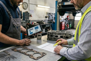 Mécanicien réalisant un contrôle du circuit de refroidissement capot ouvert, avec un kit de test CO₂ et des outils sur un chariot, illustrant l’estimation d’une réparation de joint de culasse.