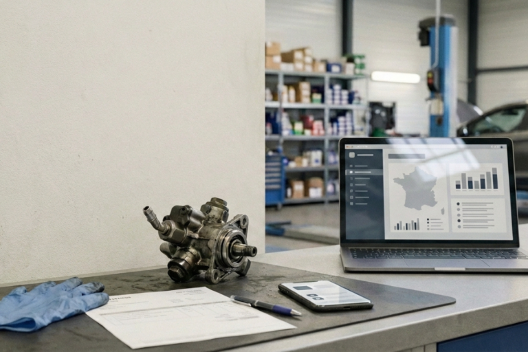 Façade d’un atelier ou magasin de pièces auto avec enseigne générique, un technicien au comptoir et une carte locale affichée sur smartphone, illustrant le SEO local pour la pompe à carburant.