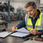 Oficina de un taller con un responsable revisando una póliza de seguro en un portátil, con documentos y sello sobre la mesa, ilustrando el seguro de responsabilidad civil profesional.