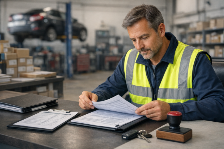 Seguro RC Profesional para Talleres y Recambistas: Coberturas Clave y Legalidad 4 Oficina de un taller con un responsable revisando una póliza de seguro en un portátil, con documentos y sello sobre la mesa, ilustrando el seguro de responsabilidad civil profesional.
