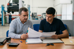 Responsable de un taller revisando documentación de seguros en un escritorio, con una calculadora y un calendario de planificación, ilustrando la gestión y valoración de costes de seguros de decesos para empresa.