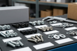 Técnico del taller revisando tornillería de carrocería, comparando tipos, materiales y referencias OEM e IAM.