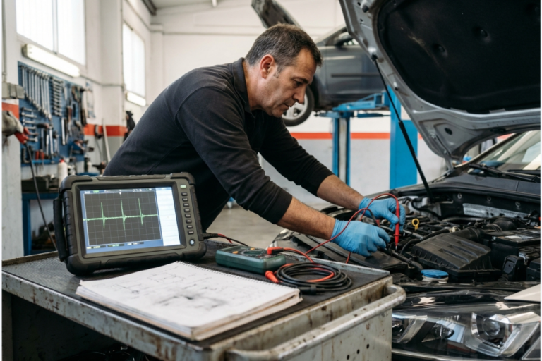 Mecánico en un taller utilizando un osciloscopio automotriz conectado a un sensor, con la pantalla mostrando una forma de onda y el vehículo al fondo, ilustrando diagnosis avanzada.