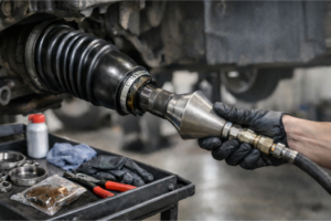 Mécanicien utilisant un expandeur pneumatique pour élargir un soufflet de cardan au-dessus d’un joint homocinétique, avec graisse et colliers sur l’établi, illustrant une pose rapide sans démontage.