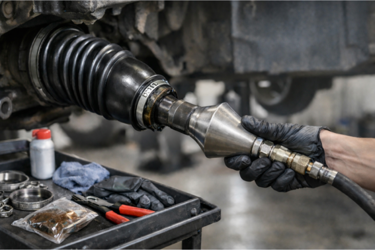 Mécanicien utilisant un expandeur pneumatique pour élargir un soufflet de cardan au-dessus d’un joint homocinétique, avec graisse et colliers sur l’établi, illustrant une pose rapide sans démontage.