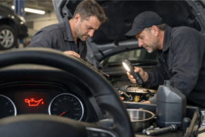 Tableau de bord avec voyant d’huile moteur rouge allumé, véhicule arrêté sur le côté, mécanicien vérifiant le niveau d’huile avec la jauge, illustrant un diagnostic d’urgence.
