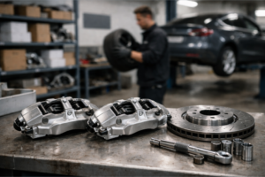 Deux étriers de frein neufs et un disque ventilé sur un établi, dans un atelier automobile (arrière-plan flou).