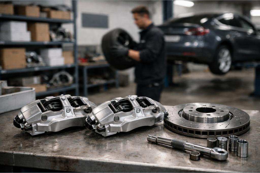 Deux étriers de frein neufs et un disque ventilé sur un établi, dans un atelier automobile (arrière-plan flou).