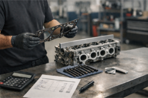 Mecánico en taller inspeccionando un motor con el capó abierto, con herramientas y un kit de diagnóstico sobre un carro, representando el análisis de costes de reparación de junta de culata.