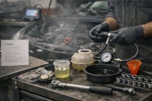 Mecánico con guantes negros inspeccionando un motor en un taller, con el vaso de expansión abierto y herramienta de diagnóstico en la mesa (manómetro/kit de prueba, termómetro infrarrojo y trapos), mostrando indicios de posible fallo de junta de culata.