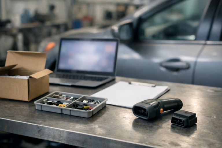 Balcão de peças com documentação desfocada e uma etiqueta neutra com campo VIN ilegível, junto a caixas de componentes, sugerindo identificação por VIN na compra de peças.