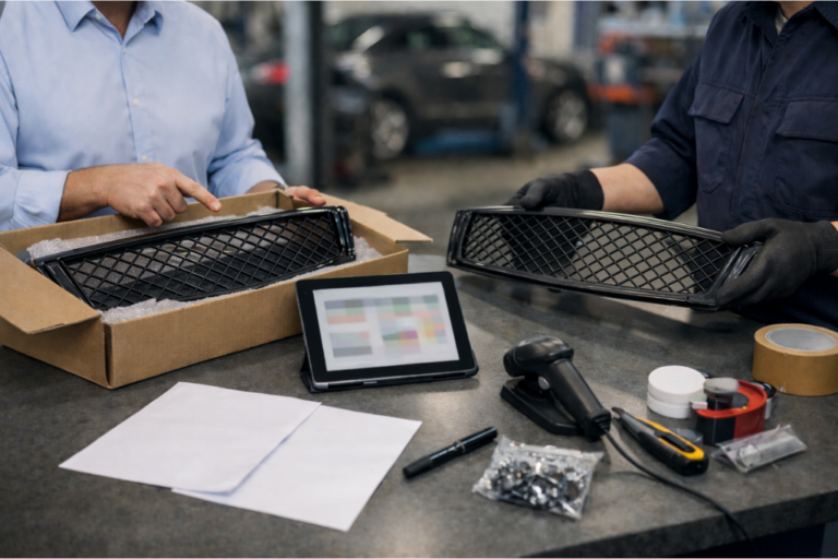 Achat/vente grilles sur catalogue tiers : impact sur la marge atelier. 4 Responsable pièces/atelier devant un comptoir, comparant une grille tarifaire sur écran (texte illisible) avec un catalogue tiers, calculatrice et bons de commande sur le plan de travail — scène illustrant l’effet des achats/ventes via catalogues externes sur la marge atelier.