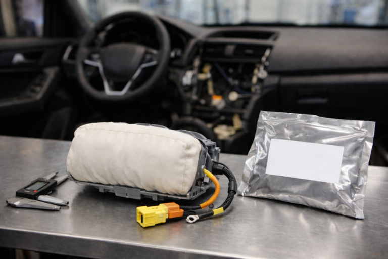 Airbag: Preços, riscos de substituição e importância da qualidade da peça 1 Módulo de airbag e conectores SRS numa bancada de oficina, com ferramentas de diagnóstico e ecrã desfocado.