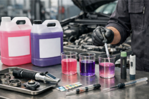 Dos garrafas genéricas de anticongelante (colores rosa y violeta) junto a probetas con muestras y herramientas de taller, ilustrando comparación y compatibilidad G12 vs G13.