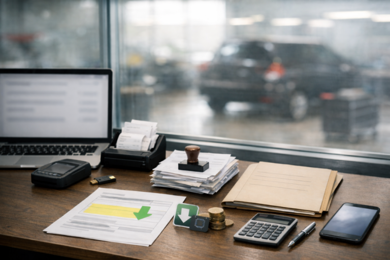 Recepción de taller con ordenador y documentación desenfocados, carpeta de gestión sobre el mostrador y ambiente operativo al fondo, sugiriendo digitalización y fiscalidad.