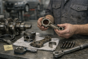 Mãos de um mecânico com luvas pretas a segurar uma biela de motor usada em primeiro plano numa bancada de oficina, com pistão, casquilhos (bronzinas), parafusos alinhados e micrómetro/paquímetro ao lado — cena técnica sobre sinais de avaria (ruído) e função na rotação do motor.