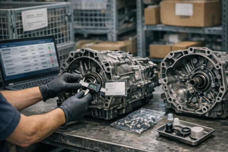 Technicien en atelier comparant deux boîtes de vitesses très similaires sur un établi, mesurant un point clé au pied à coulisse, avec étiquette neutre floue, visserie et ordinateur affichant un catalogue OEM/PIM au texte illisible — scène sur l’identification de la bonne référence pour l’échange standard.