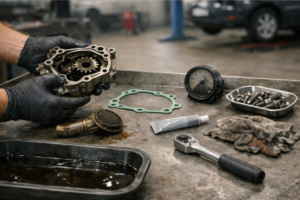 Banco de taller con una bomba de aceite del motor desmontada (carcasa y engranajes/rotor visibles) junto a junta nueva, tornillería y manómetro, mientras un mecánico con guantes inspecciona el desgaste para diagnosticar un fallo.