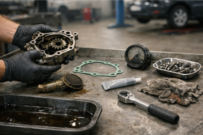 Banco de taller con una bomba de aceite del motor desmontada (carcasa y engranajes/rotor visibles) junto a junta nueva, tornillería y manómetro, mientras un mecánico con guantes inspecciona el desgaste para diagnosticar un fallo.