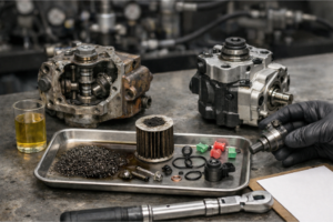 Cojinete de desembrague y componentes del embrague sobre una mesa de taller, con grasa y herramientas de montaje, y caja de cambios desenfocada al fondo.