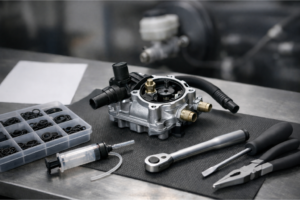 Bomba de vacío sobre banco de taller con kit de juntas y herramientas de inspección, destacando su relación con el servofreno y el sistema de frenos.