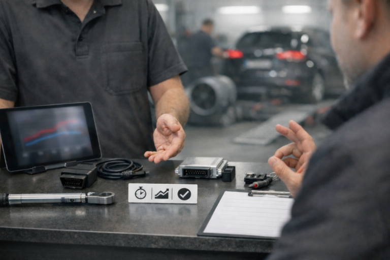 Booster la puissance moteur : quelle communication pour les garages pros. 20 Atelier mécanique : technicien devant un banc de diagnostic moteur avec capteurs et outils de mesure, ordinateur de contrôle à l’écran illisible, véhicule générique en arrière-plan.