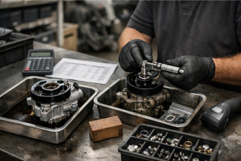 Technicien d’atelier manipulant une servopompe de direction assistée reconditionnée sur un établi, avec bac de pièces, étiquettes floues VHU, fiche de contrôle, calculatrice et ordinateur portable à l’écran illisible — scène illustrant le calcul de marge en reconditionnement pour l’après-vente.