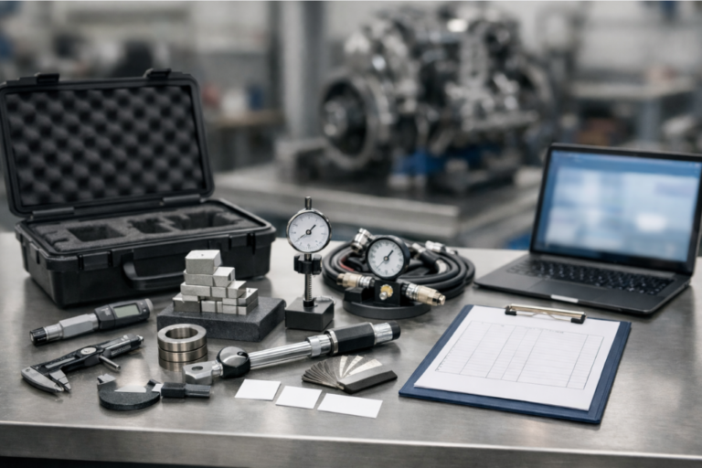 Calibrage et maintenance des outils moteur : un guide pour la certification. 5 Outils de mesure moteur alignés sur un établi d’atelier (clé dynamométrique, pied à coulisse, micromètre), avec mallette et banc moteur flou en arrière-plan.