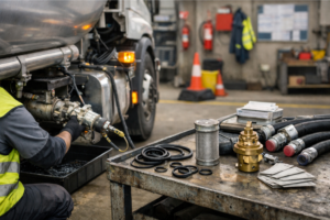 Camión cisterna genérico en zona de mantenimiento de flotas, con mangueras y válvulas visibles y una checklist de inspección sobre una mesa, sin logos ni matrículas legibles.