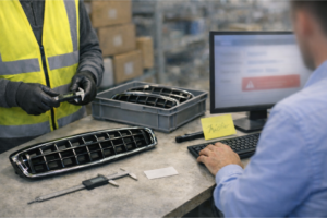 Technicien pièces en atelier consultant un catalogue OEM de grilles sur ordinateur portable (texte illisible), avec grille de pare-chocs générique posée sur l’établi, pied à coulisse, étiquettes floues et notes de contrôle — scène illustrant l’importance de la qualité de la donnée pour éviter les erreurs de référence.