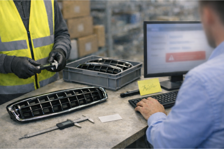 Technicien pièces en atelier consultant un catalogue OEM de grilles sur ordinateur portable (texte illisible), avec grille de pare-chocs générique posée sur l’établi, pied à coulisse, étiquettes floues et notes de contrôle — scène illustrant l’importance de la qualité de la donnée pour éviter les erreurs de référence.
