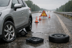 Reventón de neumático por socavón en carreteraReventón de neumático por socavón en carretera