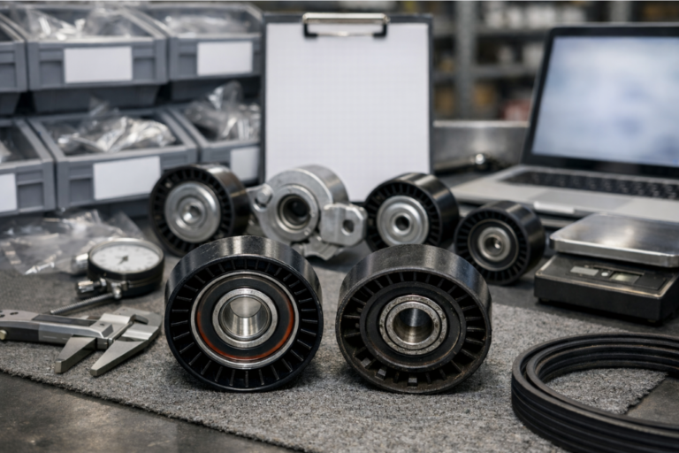 Choisir une roue de support (poulie/tendeur) : qualité et références croisées. 8 Roue de support et galet tendeur posés sur un établi, avec courroie accessoire et outils de contrôle, fiche de références floue en arrière-plan.