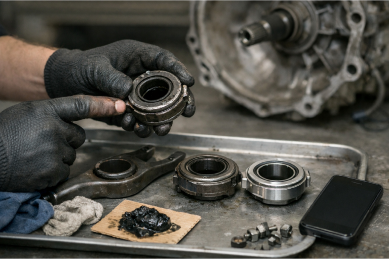 Cojinete de Desembrague: Mantenimiento Esencial, Síntomas de Fallo y Sustitución para el Embrague 8 Cojinete de desembrague y componentes del embrague sobre una mesa de taller, con grasa y herramientas de montaje, y caja de cambios desenfocada al fondo.