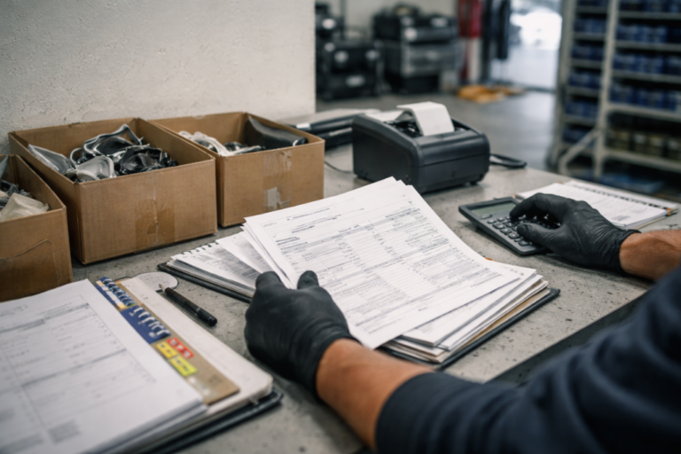 Plan de travail dans un atelier/stock de pièces avec boîtes neutres ouvertes, petites pièces et documents flous, suggérant l’analyse des coûts et de la marge.
