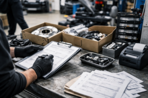 Comptoir technique avec pièces en boîtes neutres, porte-bloc et documents flous, suggérant la création de devis rapides pour un garage.