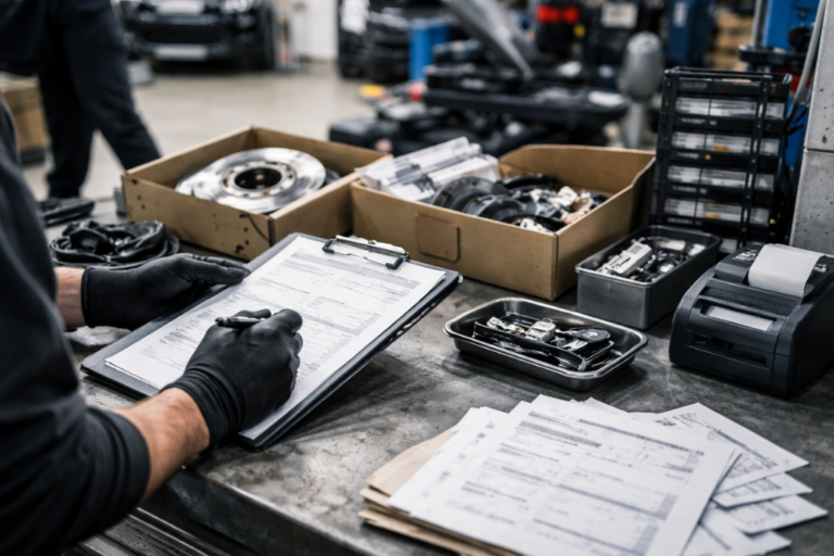 Comptoir technique avec pièces en boîtes neutres, porte-bloc et documents flous, suggérant la création de devis rapides pour un garage.