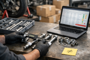 Établi de pièces moto : plusieurs axes de roue très proches posés côte à côte avec entretoises, technicien mesurant un axe au pied à coulisse et comparant les variantes, écran affichant une fiche catalogue/PIM (texte illisible) — scène illustrant la gestion de la complexité des références par la donnée.