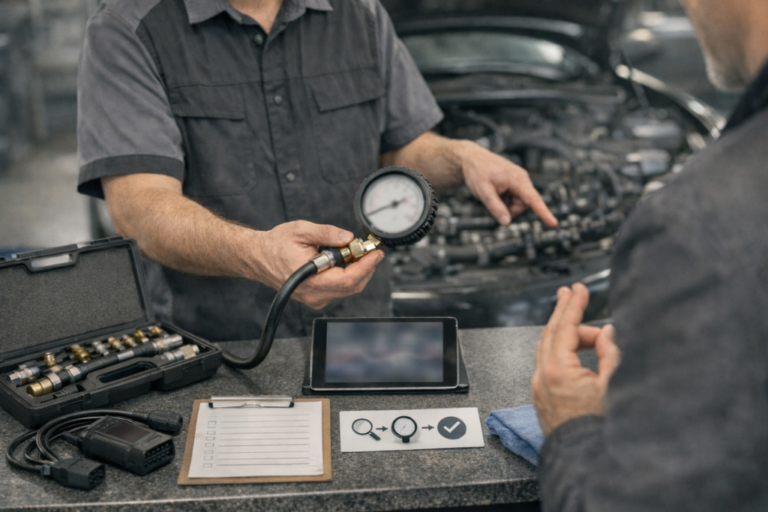 Comment les garages peuvent vendre plus de services de diagnostic pression carburant. 17 Atelier mécanique : kit de mesure de pression carburant connecté sur le circuit, manomètre et outils de diagnostic sur l’établi, écran de tablette volontairement illisible.