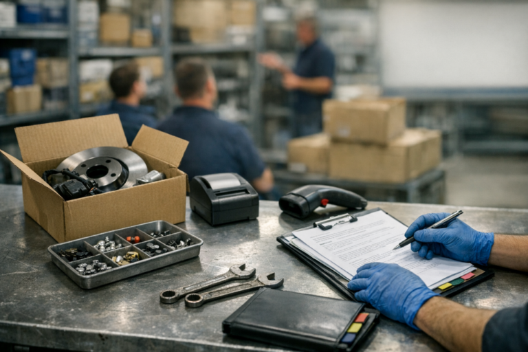 Como aumentar a margem de lucro na venda de peças 1 Bancada num armazém de peças automóvel com caixas neutras abertas, peças organizadas e documentação desfocada, sugerindo análise de custos e vendas.