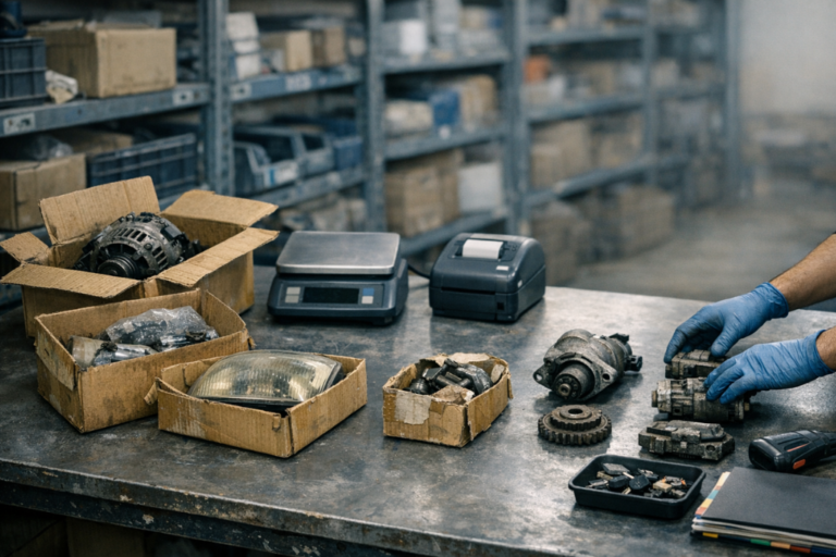 Mesa de trabalho num armazém de peças com caixas neutras de stock antigo parcialmente abertas e peças separadas por grupos, com estanterias industriais ao fundo.