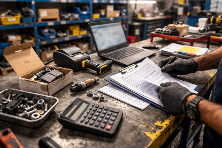 Balcão técnico de peças com pequenas peças em caixas neutras, portapapéis com folhas desfocadas e portátil com ecrã não visível, sugerindo criação de orçamentos.Balcão técnico de peças com pequenas peças em caixas neutras, portapapéis com folhas desfocadas e portátil com ecrã não visível, sugerindo criação de orçamentos.